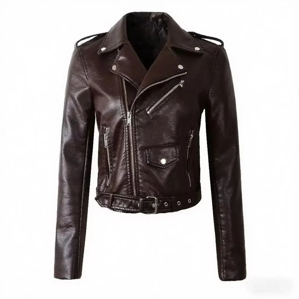 Damen-PU-Lederjacke, schmale Passform, Motorrad, gewaschener Reißverschluss, Oberteil, Herbst-Winter, modische Oberbekleidung, lässiger Stil, volle Ärmel