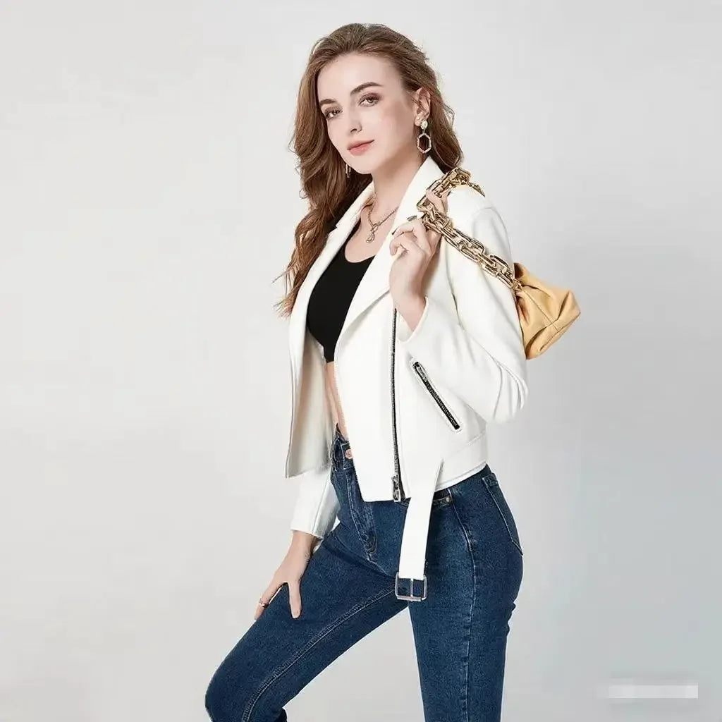 Damen-PU-Lederjacke, schmale Passform, Motorrad, gewaschener Reißverschluss, Oberteil, Herbst-Winter, modische Oberbekleidung, lässiger Stil, volle Ärmel