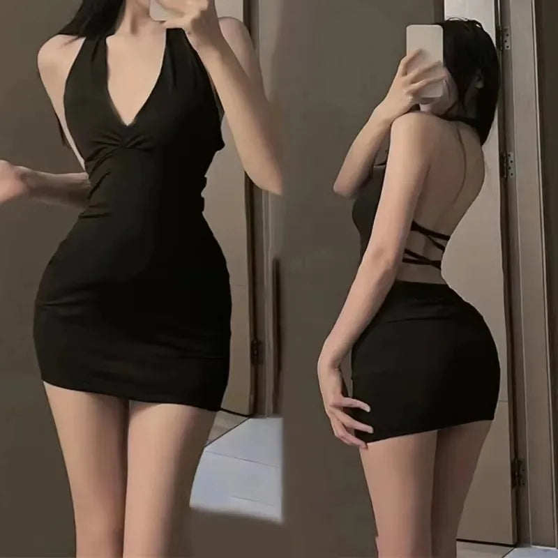 Damen Sexy Neckholder Rückenfreies Figurbetontes V-Ausschnitt Wickelkleid Schwarzes Party-Nacht-Minikleid