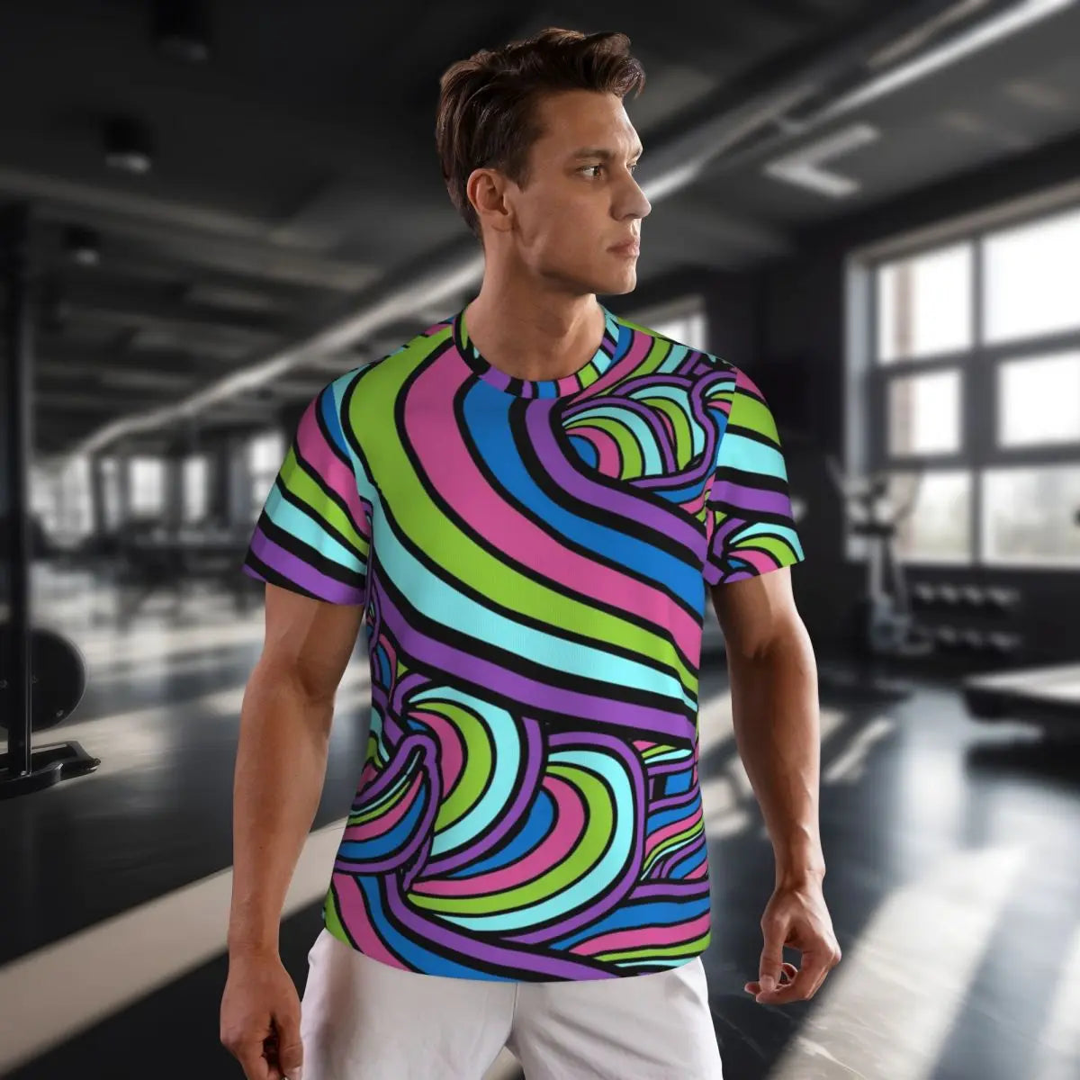 Gym T-Shirt für Mann Retro geometrische 60er 70er Jahre T-Shirts Mode psychedelische Kunst Strand T-Shirts O Hals Y2K Spaß Design Tops Geschenkidee