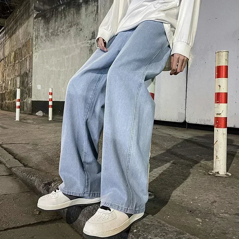 2025 neue Streetwear Lose Jeans Männer Koreanischen Stil, Mode, Lose Gerade Breite Bein Hosen Männer der Marke Kleidung Schwarz Licht blau