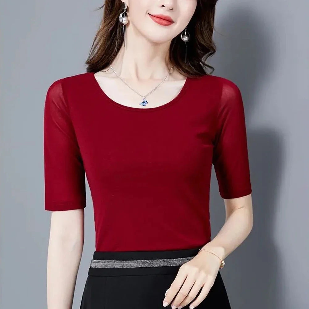 S-3XL Purple Blue Red Green Shirt Women Transparent Mesh Short Sleeve O-neck Thin T shirt Half Sleeve O Neck Female Blouses Tops