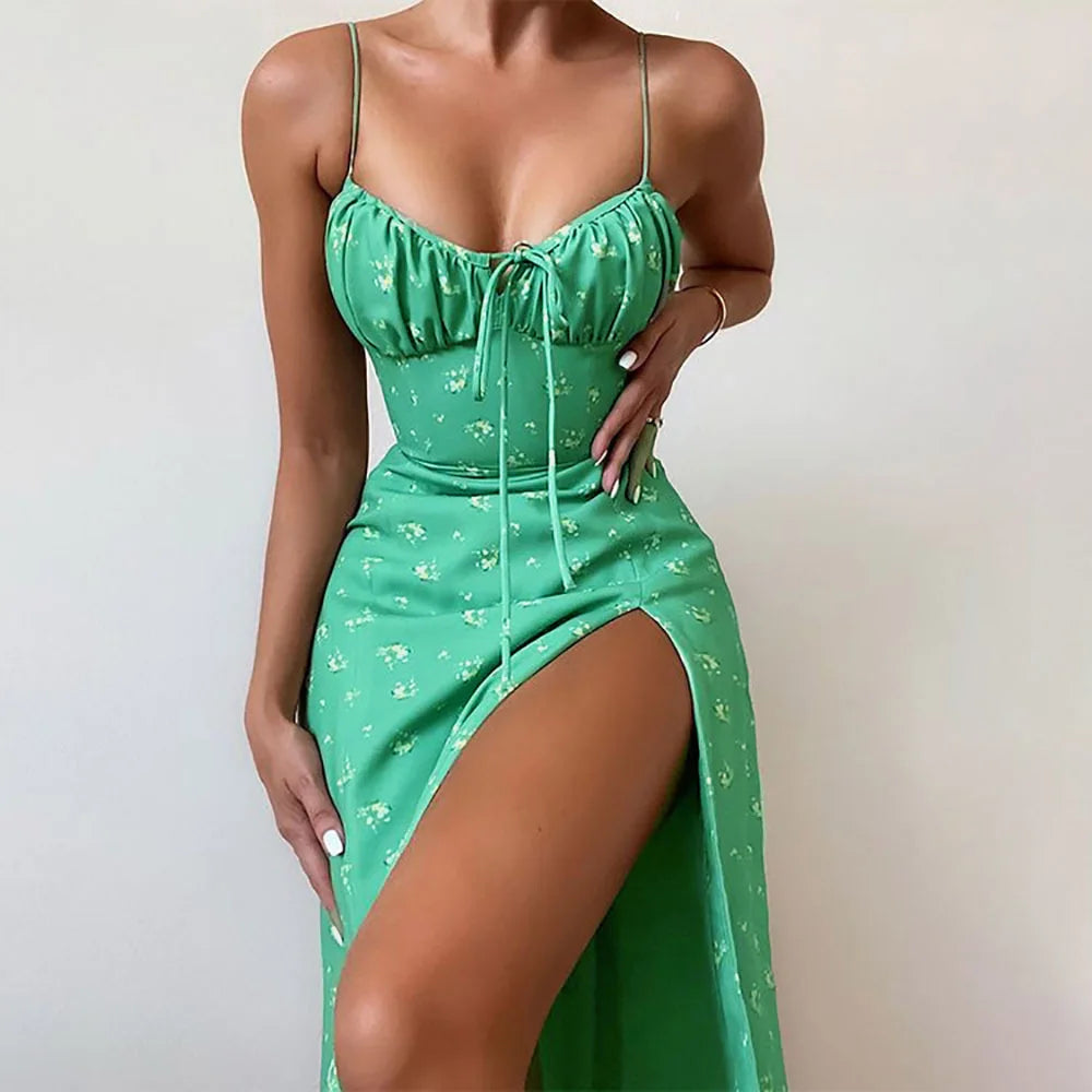 Elegantes Damen-Blumenkleid für Strandurlaub und Streetwear, Sexy Tief Ausgeschnittenes Strandparty-Kleid mit Schlitz, Schickes Bodycon-Kleid Ärmellos für Damen