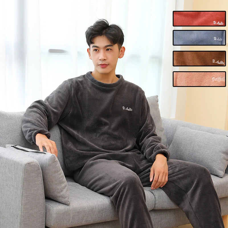 Verdickte Warme Männer Korallen Samt Pyjamas Herbst Winter Homewear Lange Ärmeln Lange Hosen Solide Weiche Nachtwäsche 2 Teile/satz Paar