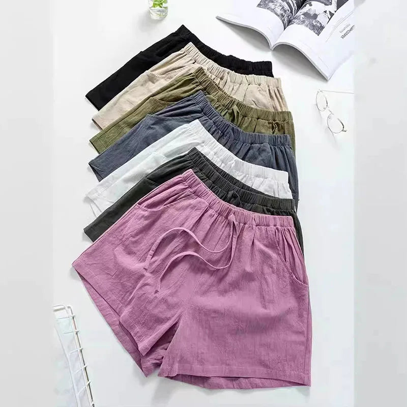 Damen Baumwoll-Leinen-Shorts 2026 – Neue Sommer High-Waist Freizeit-Sportshorts für Damen, einfarbig mit Taschen, lockere Strand-Shorts