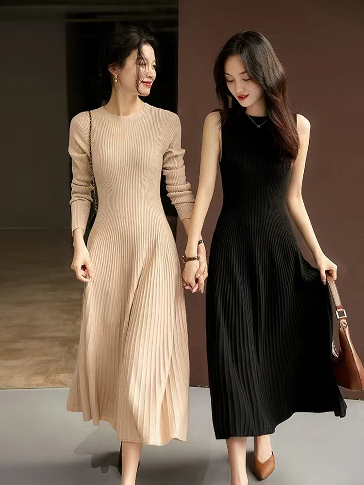 Frühling Herbst Pullover Damen Kleid 100 % Merinowolle Kleid O-Ausschnitt Slim Maxirock Basic Langarm Kleid Sexy Inside Join Dress