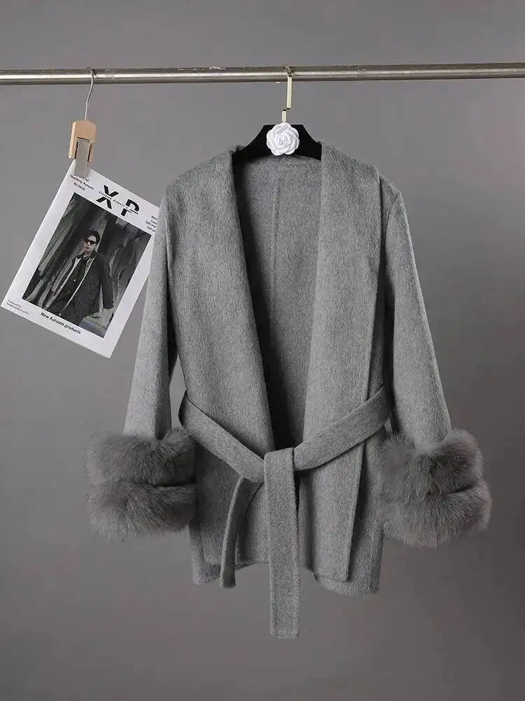 UCXQ Elegant OL Office Lady Overcoats Fur Patchwork Long Sleeve Woolen Coat Beautiful Women's Clothing Jacket Autumn 2025 Winter