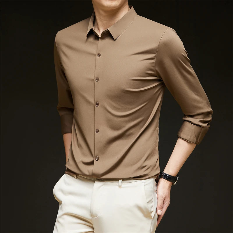 Neues, langärmliges, einfarbiges Business-Casual-Hemd für Herren, knitterfrei, knitterfrei, bequem, vielseitiges Oberteil für die ganze Saison