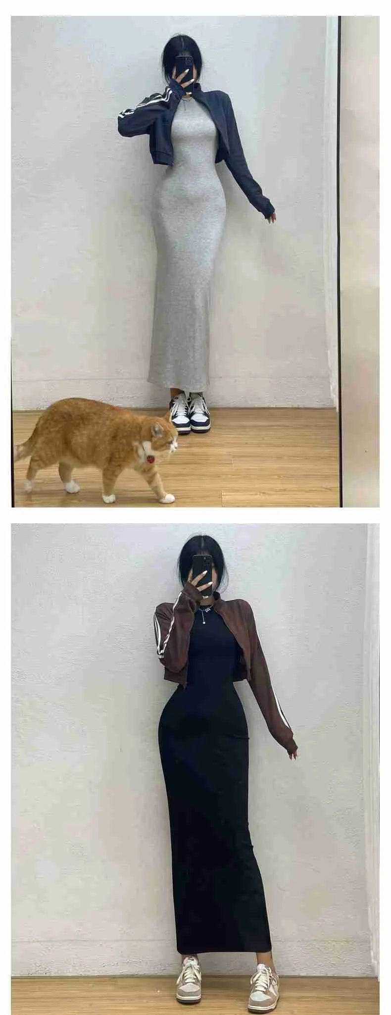 WOMENGAGA Einfache Maxi Langes Kleid Rundhals Langarm Enge Dünne Maxi Kleider Elegante Mode Koreanische Frauen Robe DEH8