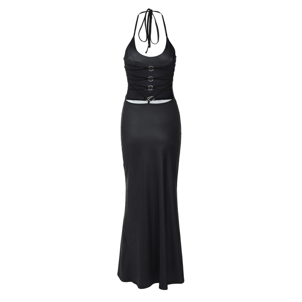 Hugcitar 2025 Frühling Halter Print Halter-Backless Verband Gürtel Sexy Bodycon Maxi Kleid Frauen Mode Outfits Streetwear Festival