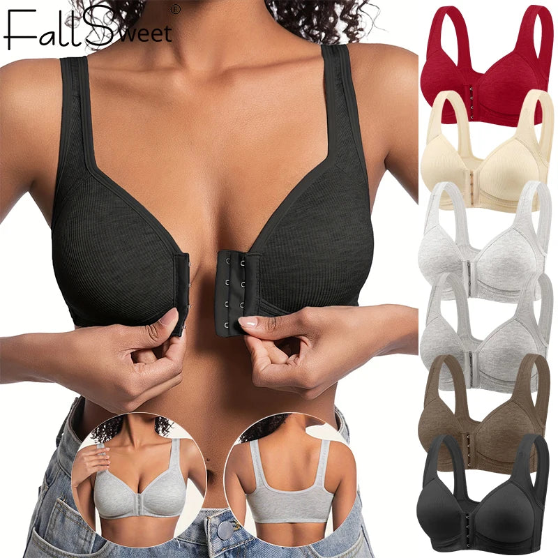 Fallsweet Nahtloser BH mit Vorderverschluss für Damen, solides, kabelloses Push-Up-Bralette, vollständige Abdeckung, feste Körbchen, bequeme Unterwäsche