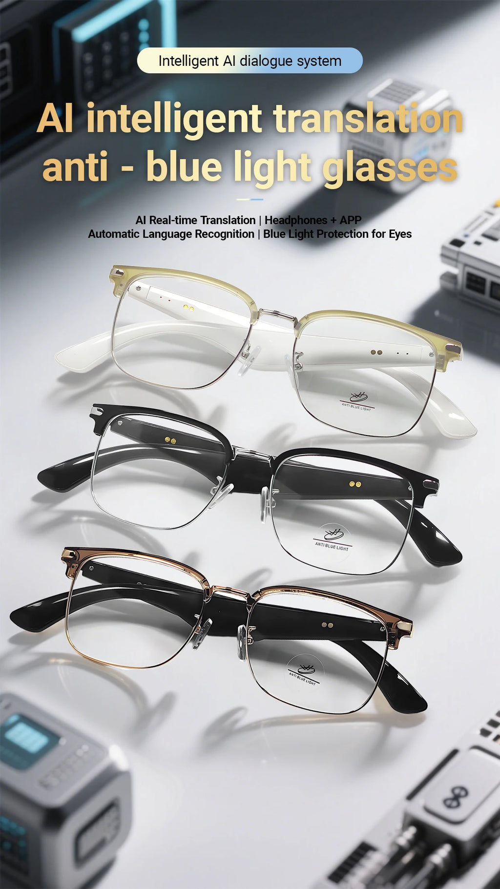 AI Simultaneous Translation Smart Wireless Bluetooth Glasses Anti-Blue Light Glasses Music Play Phone Answering Multi-functional