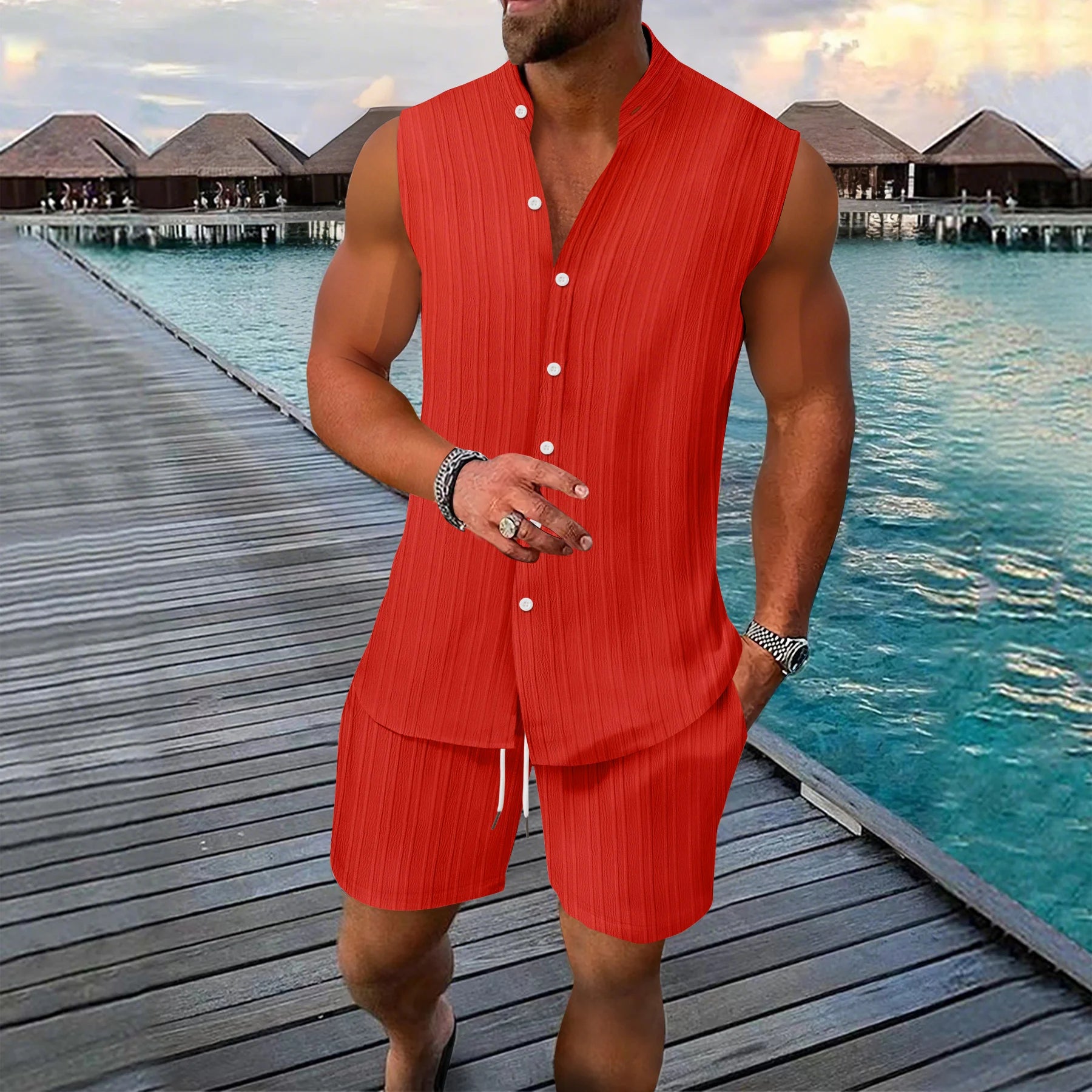 Sommer Neue Herren Mode Stehkragen Einfarbiges Besticktes Ärmelloses Hemd Shorts Set Lässige Strandkleidung