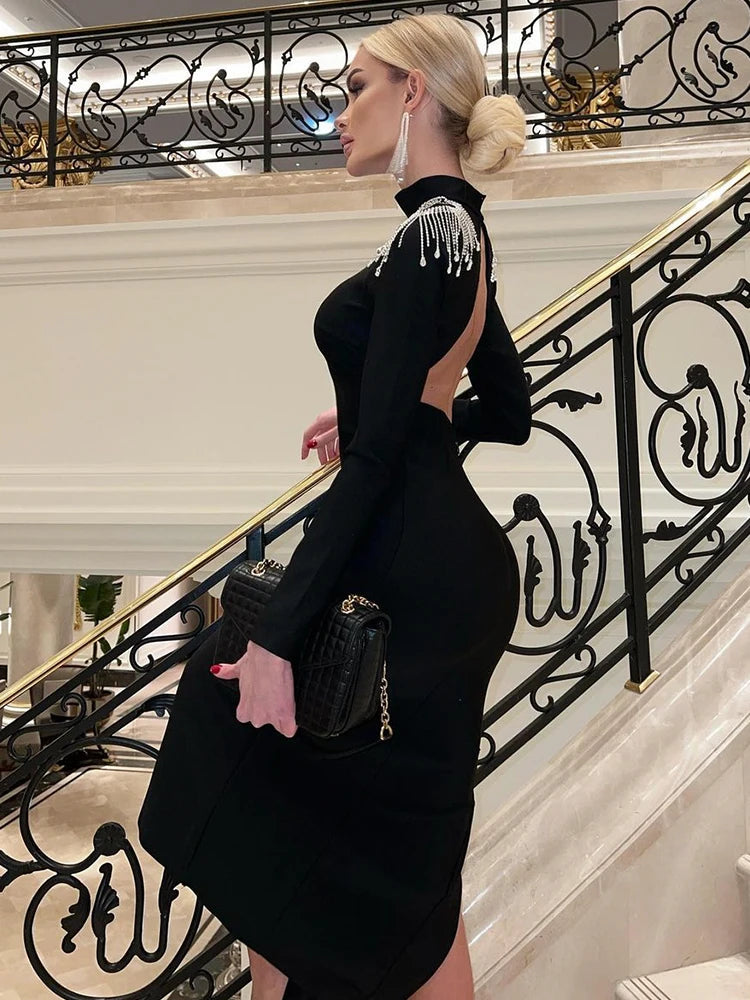 Ahagaga Mode Aushöhlen Frauen Maxi Kleider Sexy Solide Backless Casual Rollkragen Schlank Elegante Bodycon Vestidos Roben Split