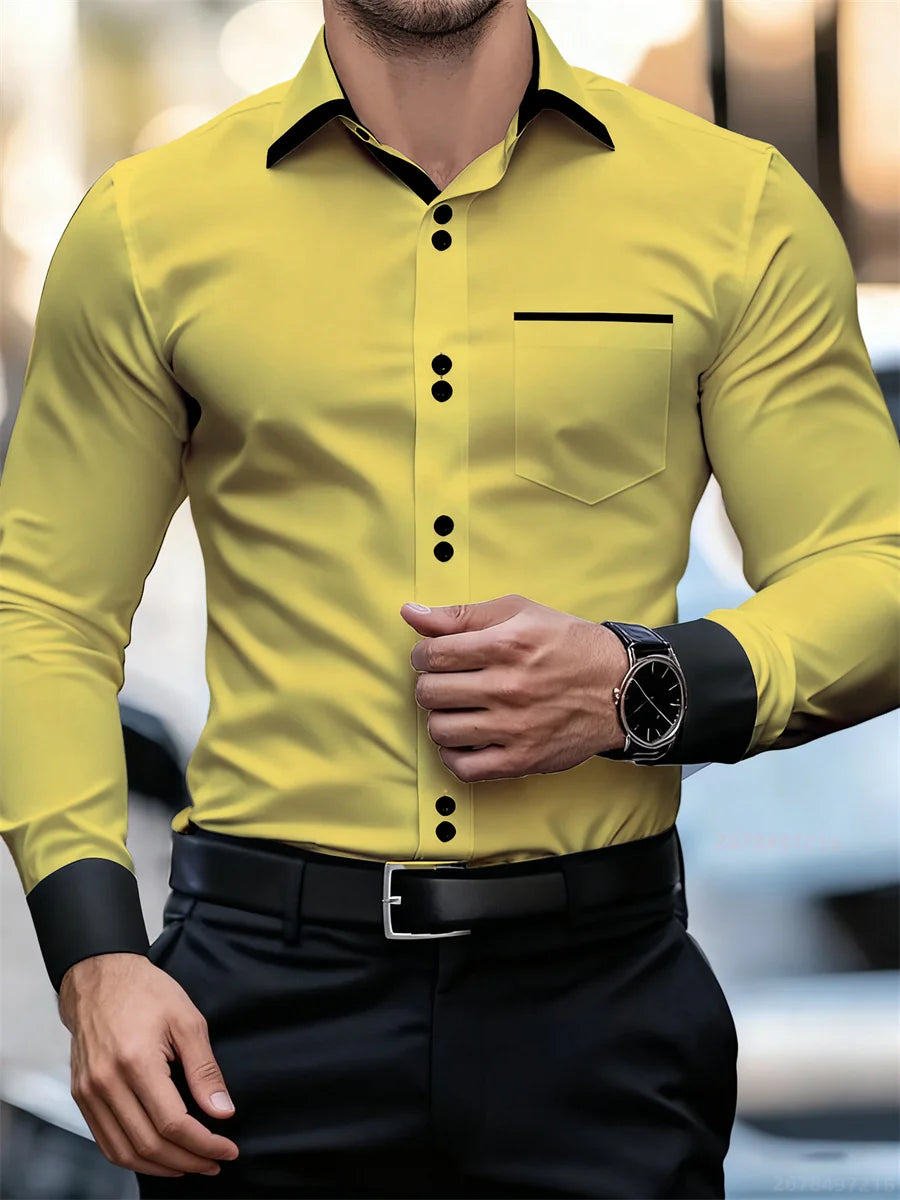 Herren-Business-Langarmhemd mit Farbblockkragen, schmale Passform, knitterfrei, schwarz-weißes Patchwork-Hemd, modisches Herrenoberteil