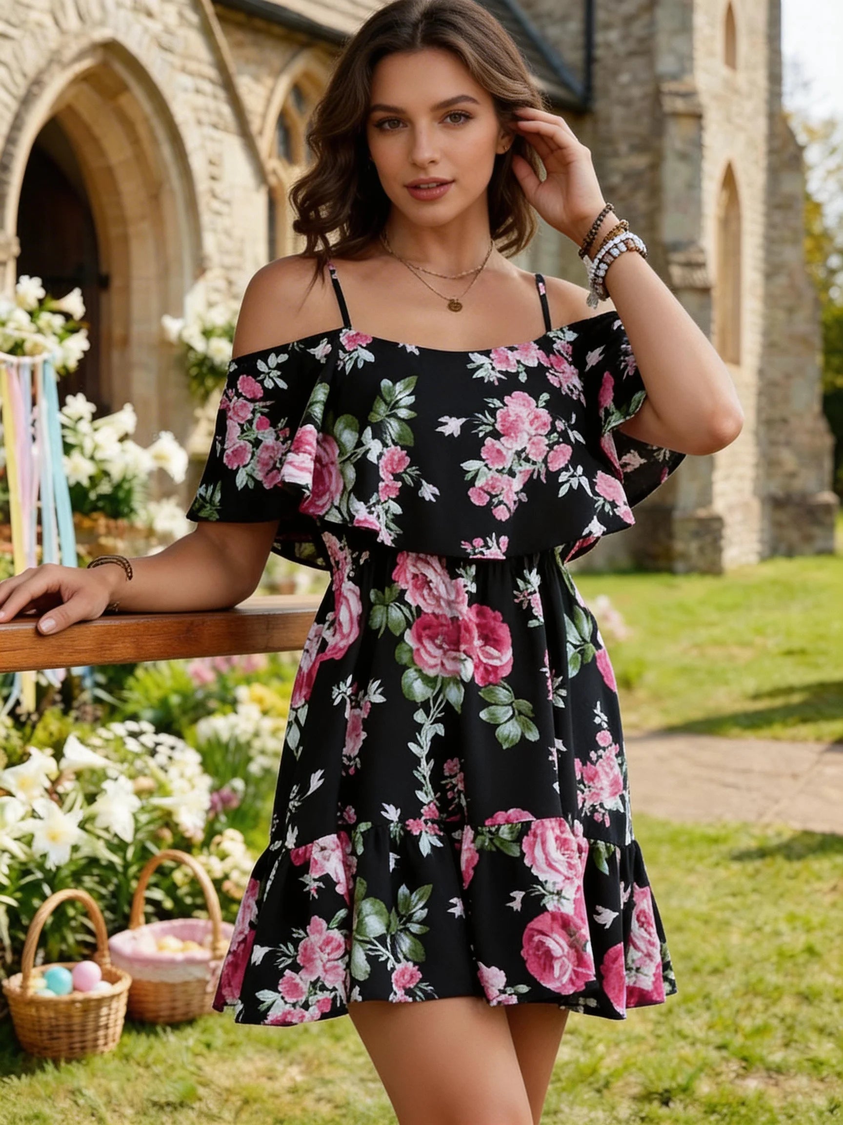 Damenkleid im Europäischen Stil mit Blumenmuster, Ärmelloses Neckholder-Oberteil mit Rüschenkanten, Kurzer Rock für den Sommer