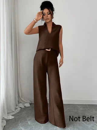 2026 Sommer Neues Ärmelloses V-Ausschnitt-Set mit Weiten Hosen, Französischer Stil Hochwertiges Business-Casual Zweiteiler-Set, Elegante und Schlankmachende Übergrößen-Damenkleidung, Geeignet für Büro, Alltag und Urlau