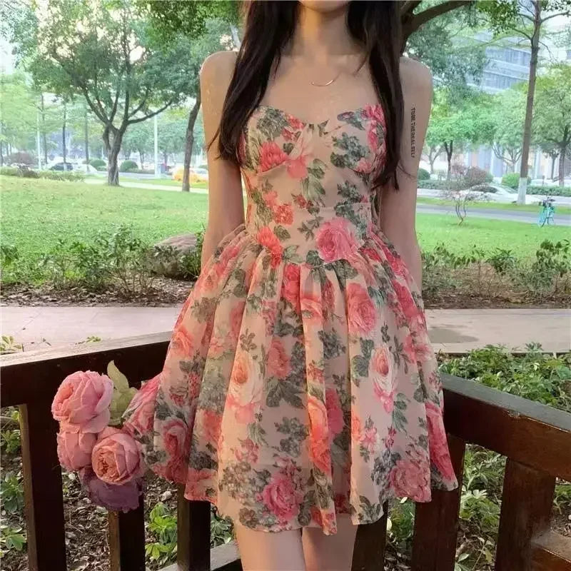Elegantes, hoch tailliertes, schlankes, florales Tank kleid für Frauen im Frühling und Sommer im französischen Stil