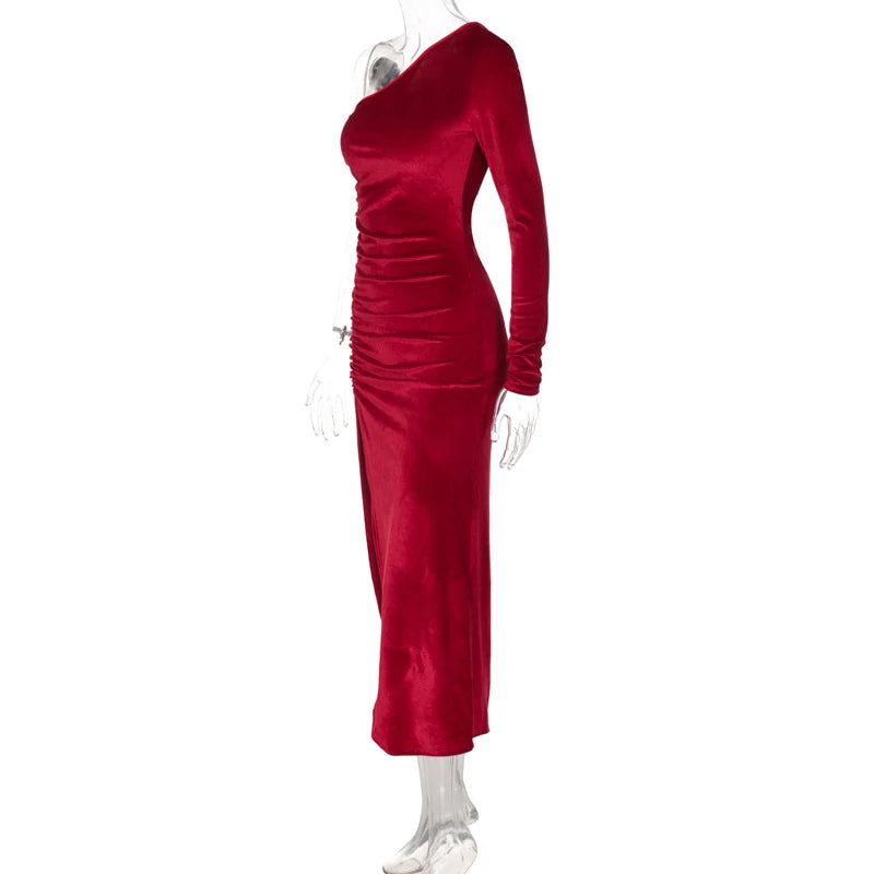Frauen Elegante Langarm Party Abend Samt Bodycon Split Bleistift Midi Kleid Frühling Herbst Kleidung