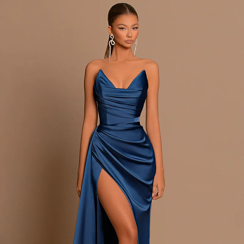Elegantes Trägerloses Einfarbiges Abendkleid Schickes Satin-Korsettkleid für Damen V-Ausschnitt Geschlitztes Blaues Langes Kleid Damen Sommer-Partykleid