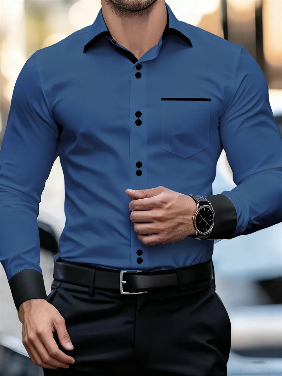 Herren-Business-Langarmhemd mit Farbblockkragen, schmale Passform, knitterfrei, schwarz-weißes Patchwork-Hemd, modisches Herrenoberteil