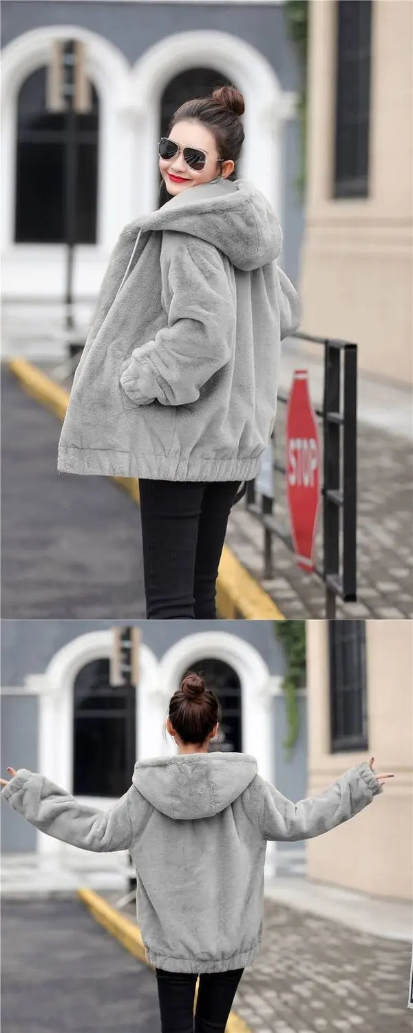 Plüsch-Kapuzenjacke für Damen, mittellang, Winter, neuer lockerer Plüsch, warmer, langer Ärmel, Plüsch, kurze Jacke, modischer Freizeitmantel