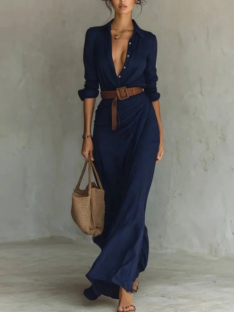 2026 Herbst Langarm Damenkleid Einfarbig mit Unregelmäßigen Falten und Gürtel Modisches Robe Femme für Büro, Alltag und Dates