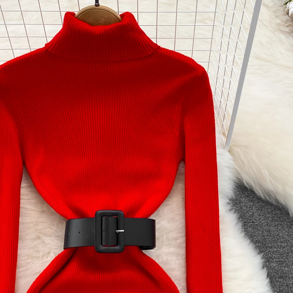 REALEFT Herbst Winter 2025, neue Rollkragen frauen Gestrickte Kleider mit Gürtel Langarm Elegante Bodycon Wrap Kleid Weibliche