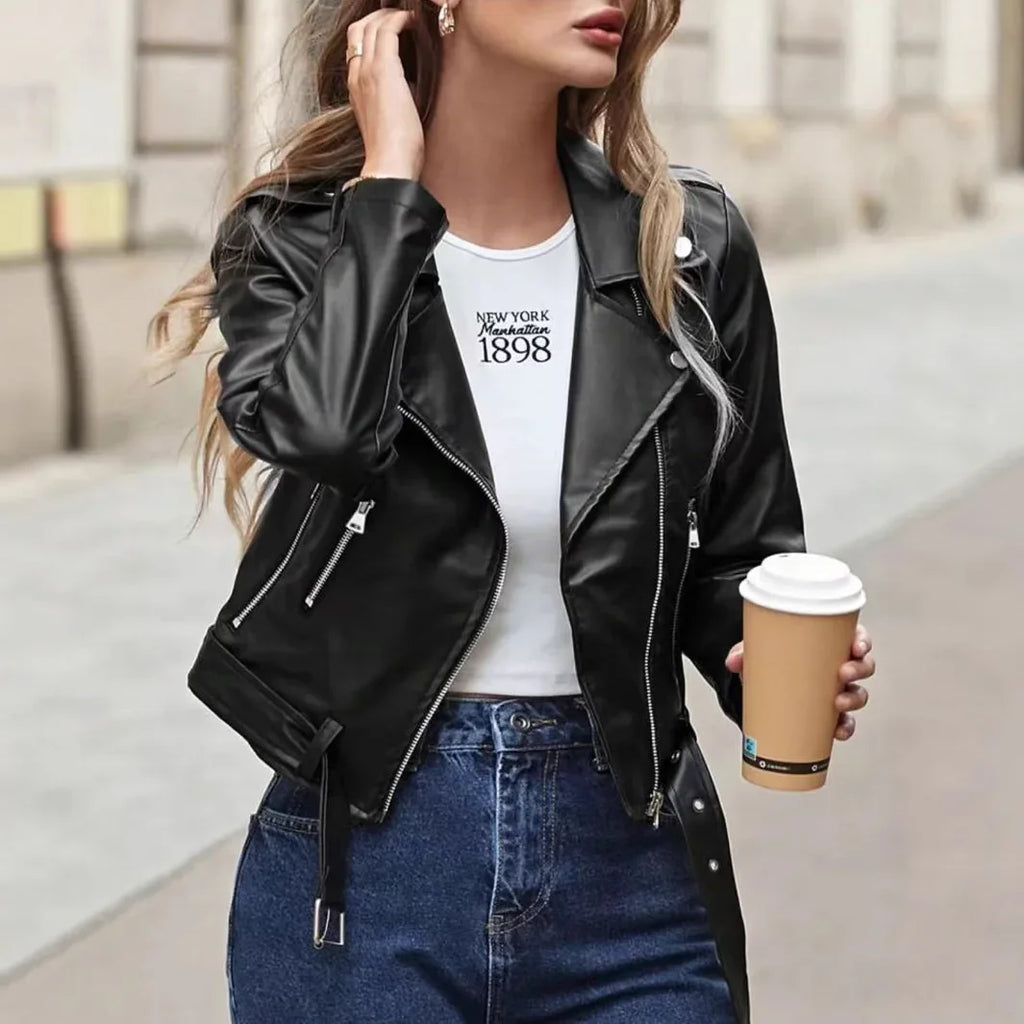 Schwarze kurze Motorradjacke Damen Slim Fit PU-Ledermantel Kunstleder Reißverschlusskragen Volle Ärmel Herkunft China Männliche Mode