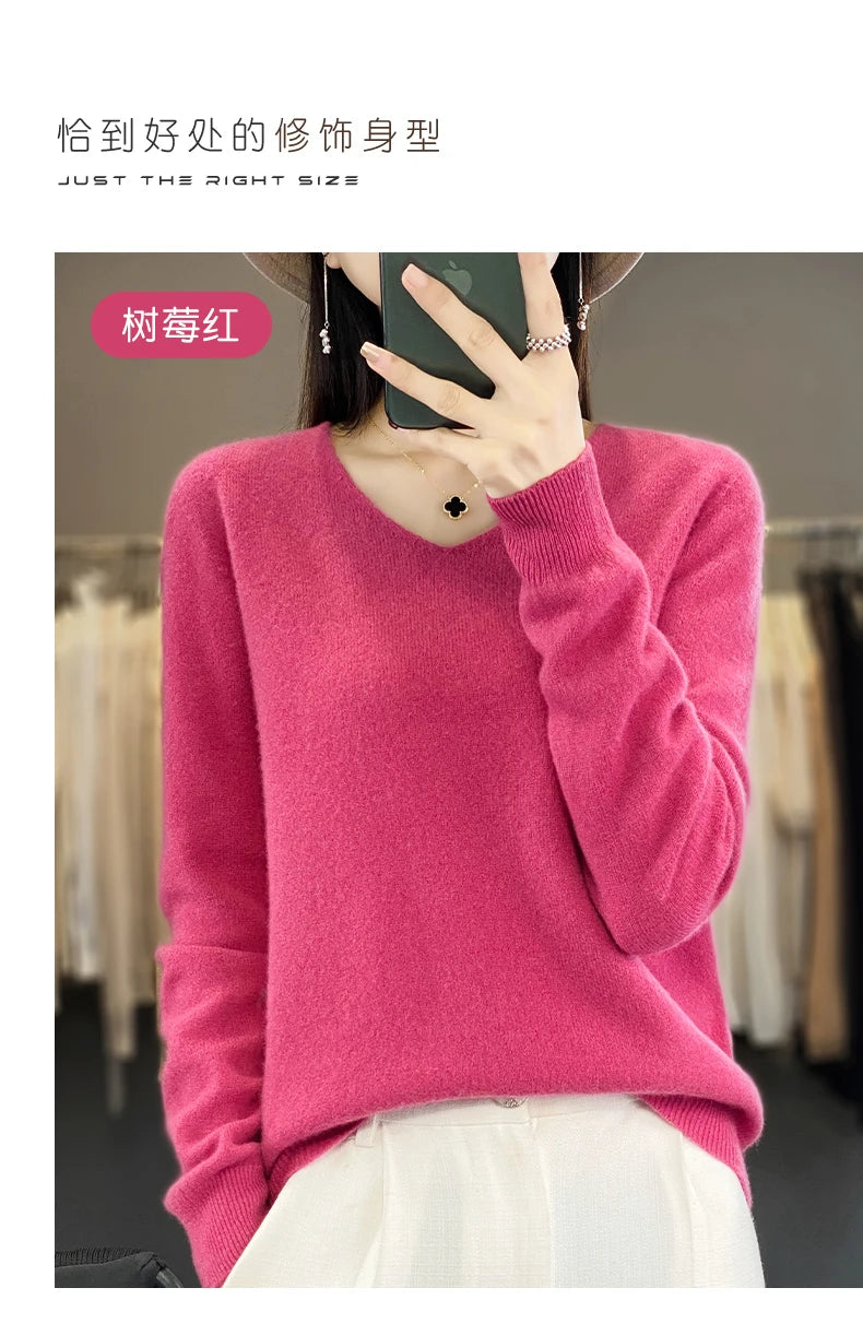 Frauen 100% Merinowolle Pullover V-Ausschnitt Basic Pullover Herbst Winter Kaschmir Kleidung Langarm weiche Strickwaren Tops einfarbig