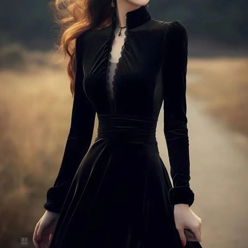 OCEANLOVE Herbst Winter Kleider für Frauen Hepburn Stil Vintage Solid Black Vestidos Mujer Stehkragen Elegante Lange Kleid