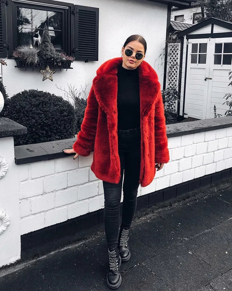 Mittellanger Kunstpelzmantel für Damen, Winter-Plüschjacke, Übergrößenmantel, flauschige Reversjacke, weibliche Oberbekleidung, flauschiges Oberteil
