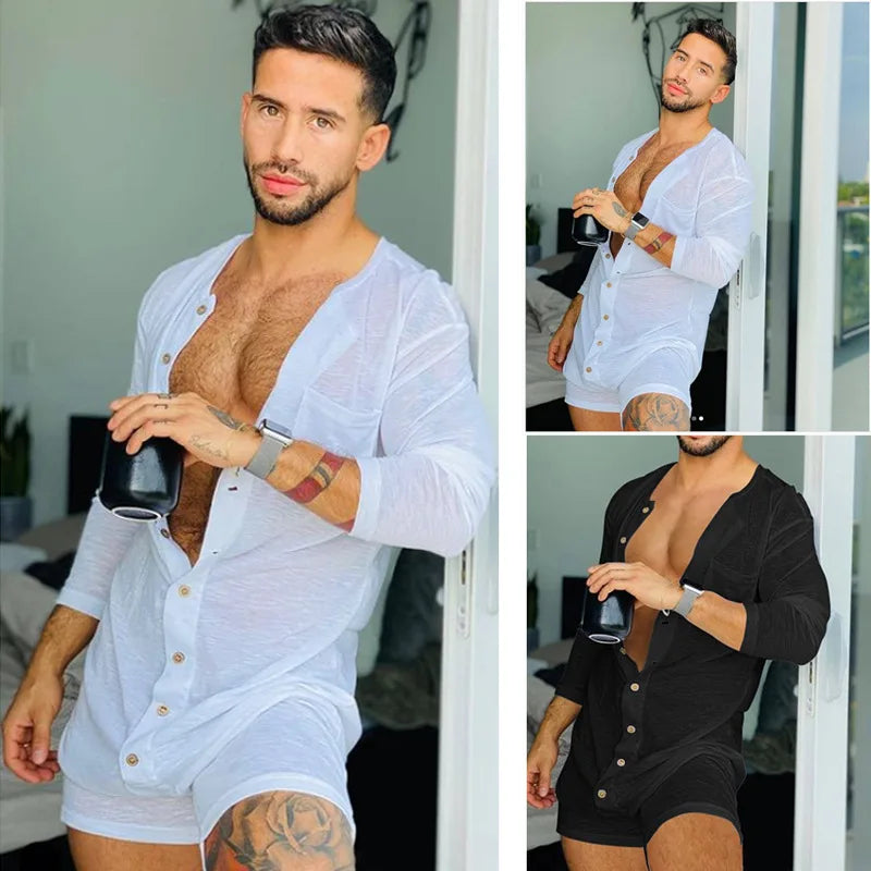 Neue 2024 Sommer-Pyjama-Sets in einfarbiger Farbe mit sexy langärmeligem Body und engem Overall für Herren