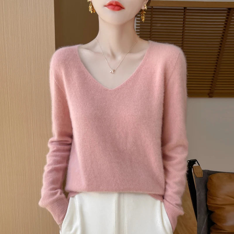 Frauen 100% Merinowolle Pullover V-Ausschnitt Basic Pullover Herbst Winter Kaschmir Kleidung Langarm weiche Strickwaren Tops einfarbig