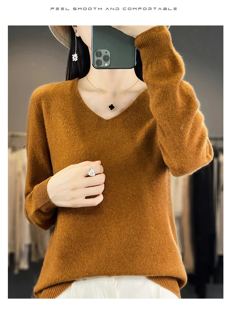 Frauen 100% Merinowolle Pullover V-Ausschnitt Basic Pullover Herbst Winter Kaschmir Kleidung Langarm weiche Strickwaren Tops einfarbig