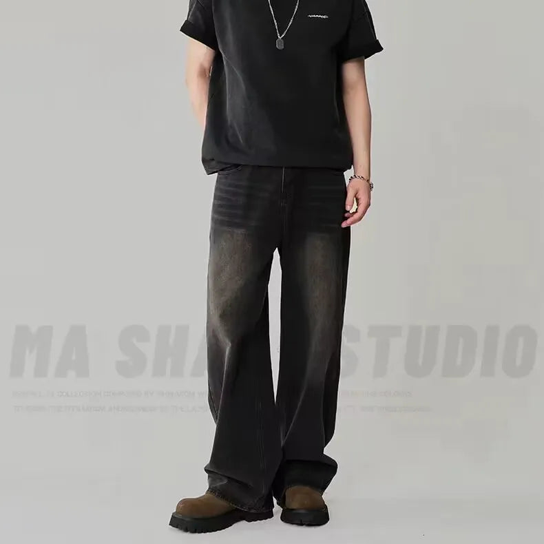 Frühling Herbst männer Neue Denim Hosen Alte Blau Gewaschen Casual Jeans Menwear Lose Neue Mode kontrast farbe Breite Bein Hosen