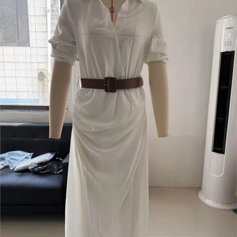 2026 Herbst Langarm Damenkleid Einfarbig mit Unregelmäßigen Falten und Gürtel Modisches Robe Femme für Büro, Alltag und Dates
