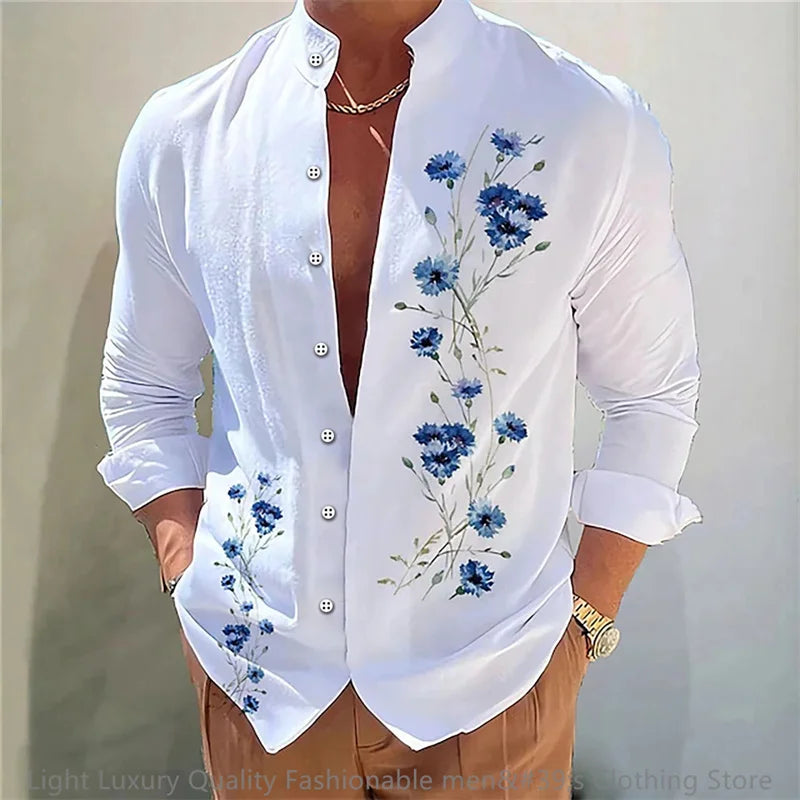 Neues Herren hemd Langarmhemd 3D-Druck Blumenmuster lang ärmel ige stehende Kleidung Mode lässig XS-6XL weichen Stoff