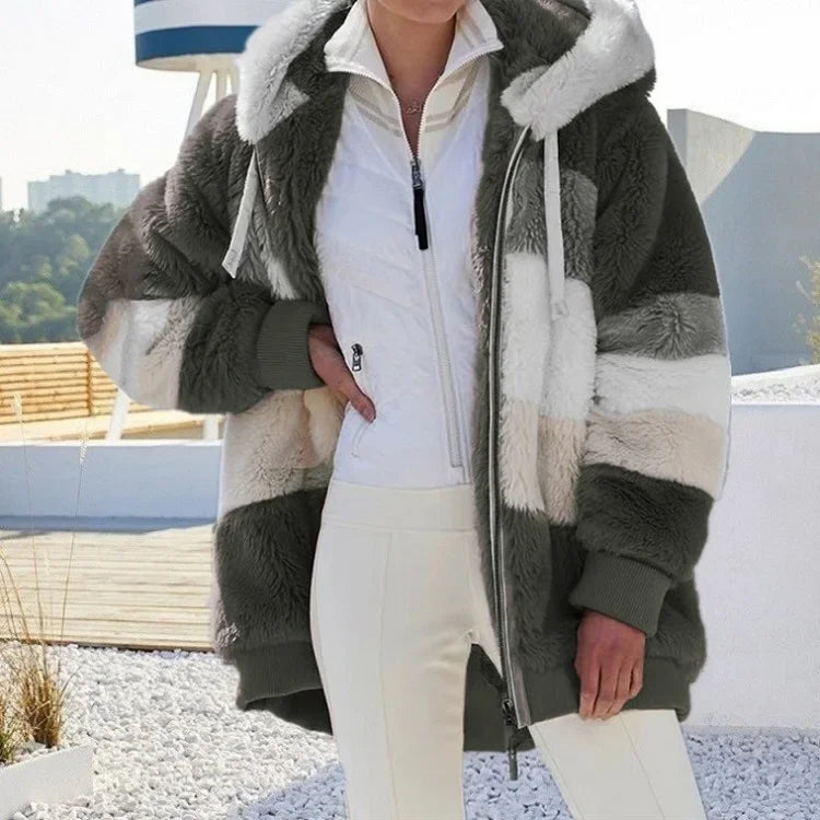 Warm Fleece Oversized Hooded Jacket Women's Autumn Winter Thickened Zipper Pocket Patchwork Clothing Comfortable Sweatshirt