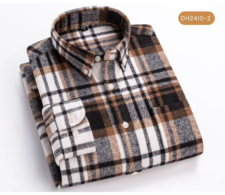 Langärmliges Flanell-Karohemd für Herren – weiche reine Baumwolle, Button-Down-Hemden, dick, Herbst und Winter – Wochenend-Casual, Ausgehen