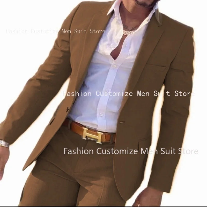 2-teiliger beigefarbener Anzug für Männer, Slim Fit, Hochzeit, Bräutigam, Smoking, Trauzeugenanzüge, männliche Mode, Raucherkostüm, Homme, Blazer mit Hosen
