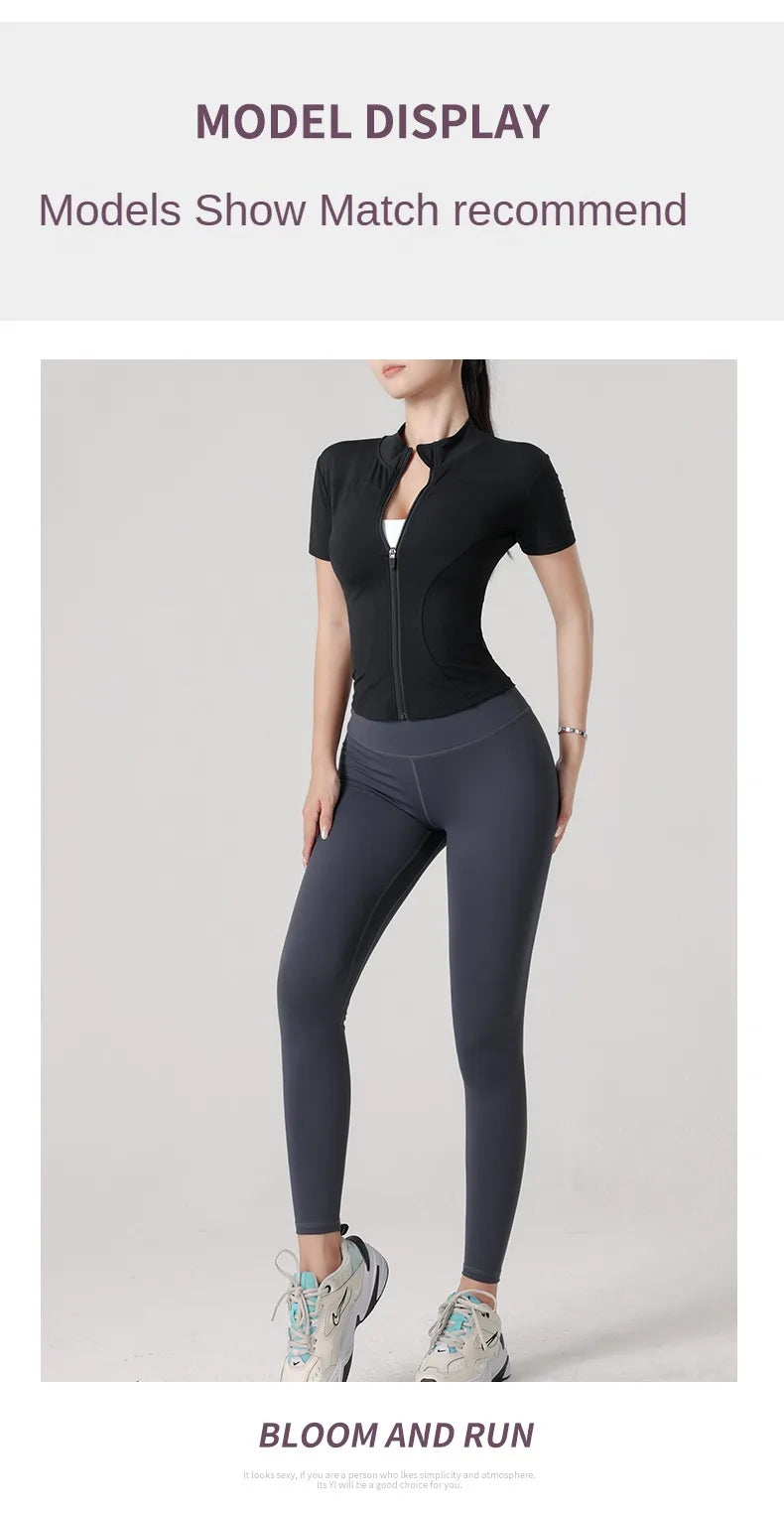 Woman yoga Jacket High Elastic Yoga Short Sleeve Coat Stand Collar Tight Sports Coat Naked Fitness Short Sleeve Female