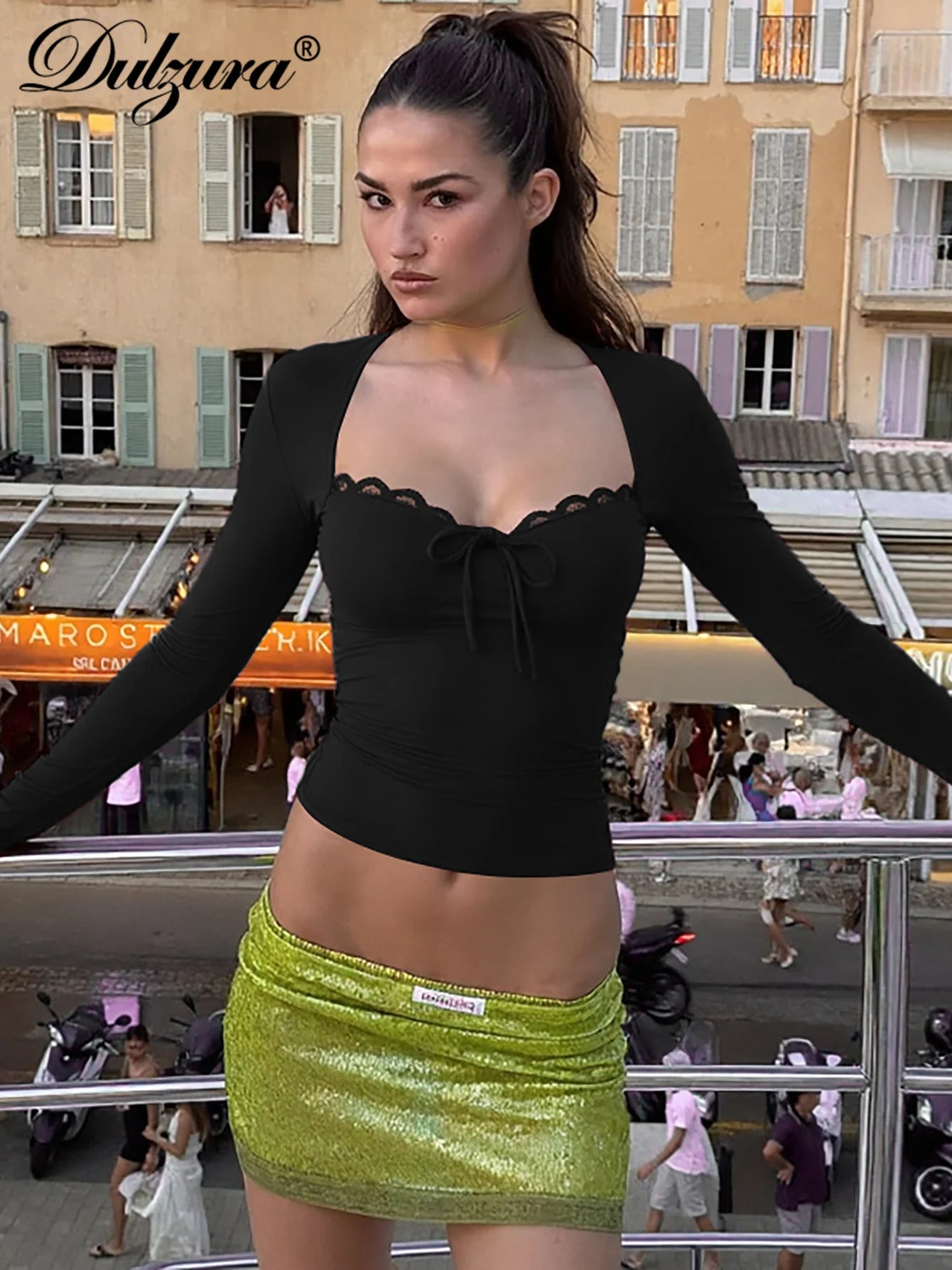 Dulzura 2025 Herbst Neueste Mode Sexy Quadrat Kragen Langarm Schlank Spitze Up Spitze Rüschen Patchwork T-Shirt Party Club Kleidung