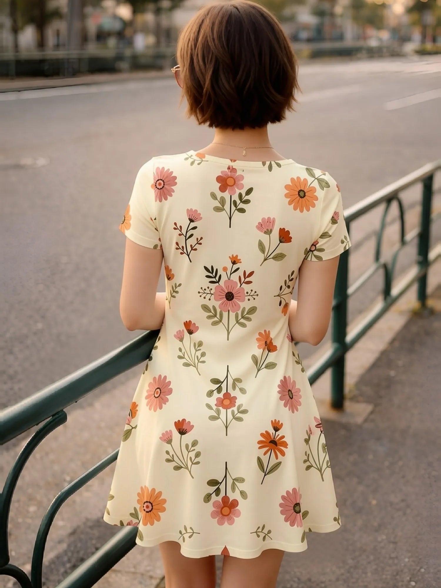 Damen-Minikleid mit V-Ausschnitt und Blumendruck, kurzärmelig, lässig, für den Alltag, Urlaub, Sommerkleid, Outfit, Garderobe, elegant, luftig, weich, bequem, schick