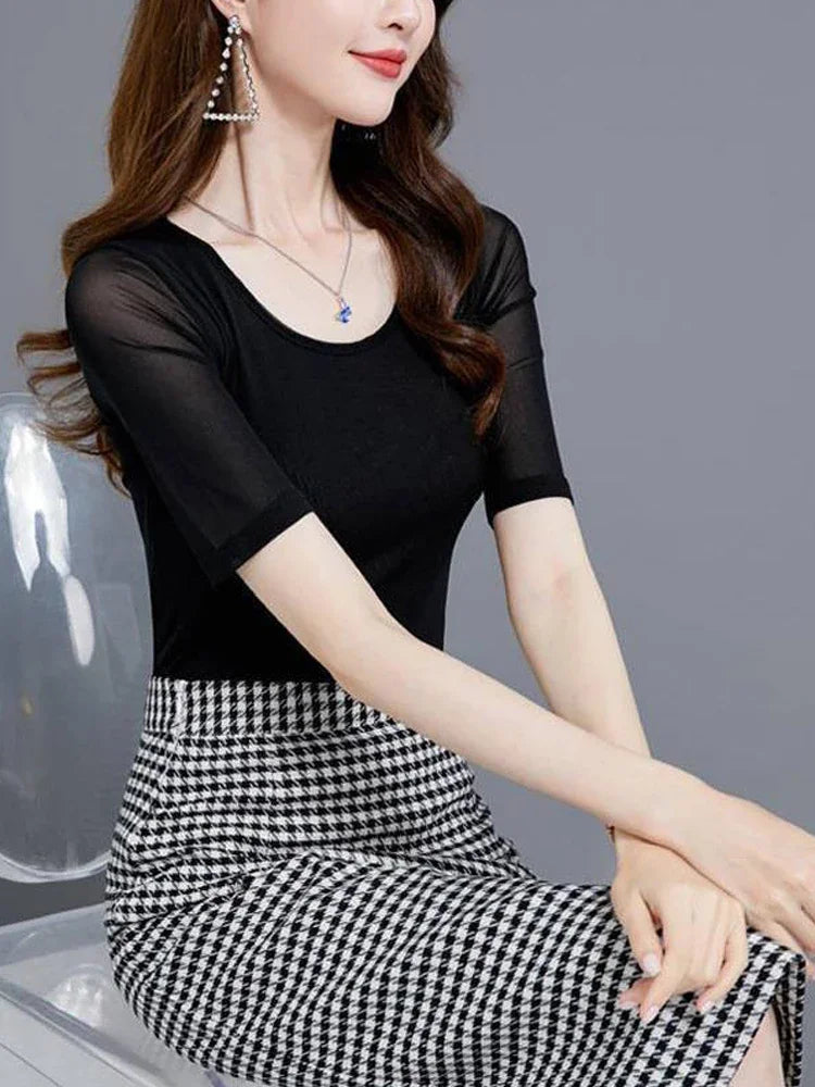 S-3XL Purple Blue Red Green Shirt Women Transparent Mesh Short Sleeve O-neck Thin T shirt Half Sleeve O Neck Female Blouses Tops