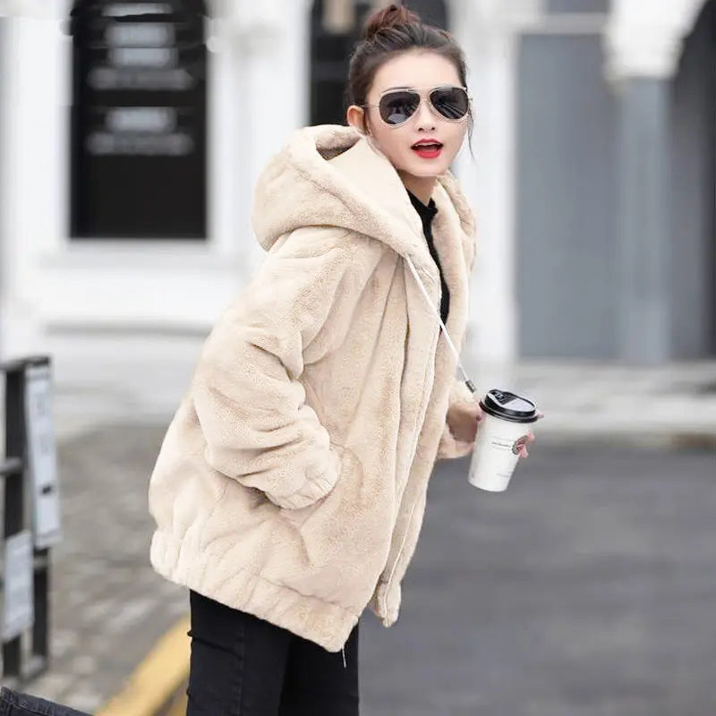 Plüsch-Kapuzenjacke für Damen, mittellang, Winter, neuer lockerer Plüsch, warmer, langer Ärmel, Plüsch, kurze Jacke, modischer Freizeitmantel