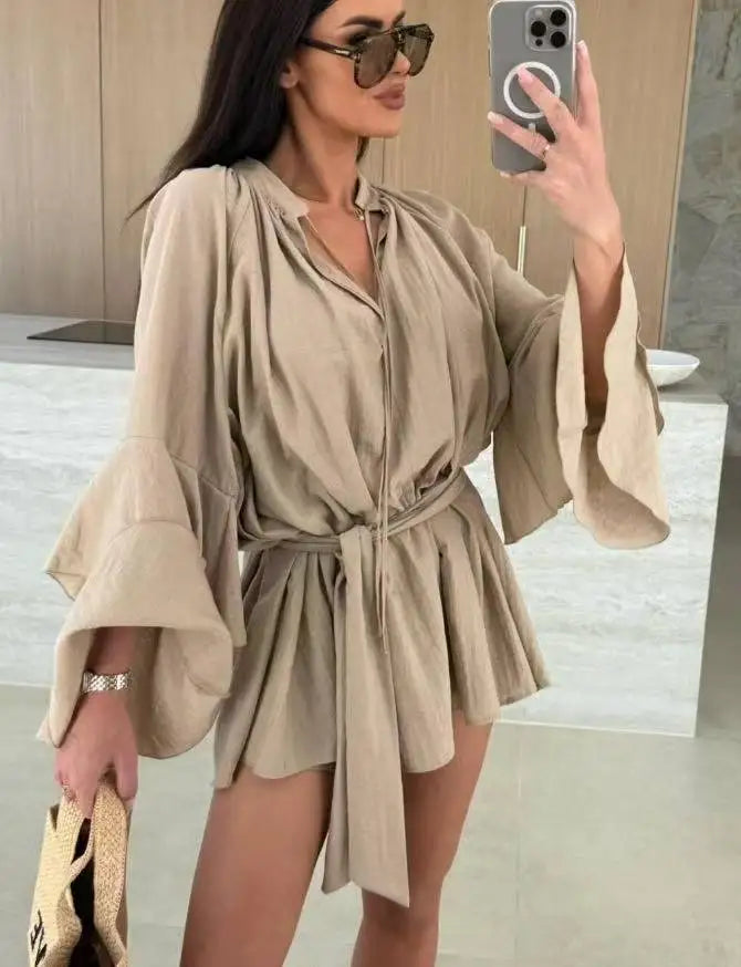 Süße ausgestellte Ärmel Kleider für Frauen 2025, sexy tiefer V-Ausschnitt, modisches Minikleid, Frühling, Sommer, Schnürung, solides Kleid, Robe Femme