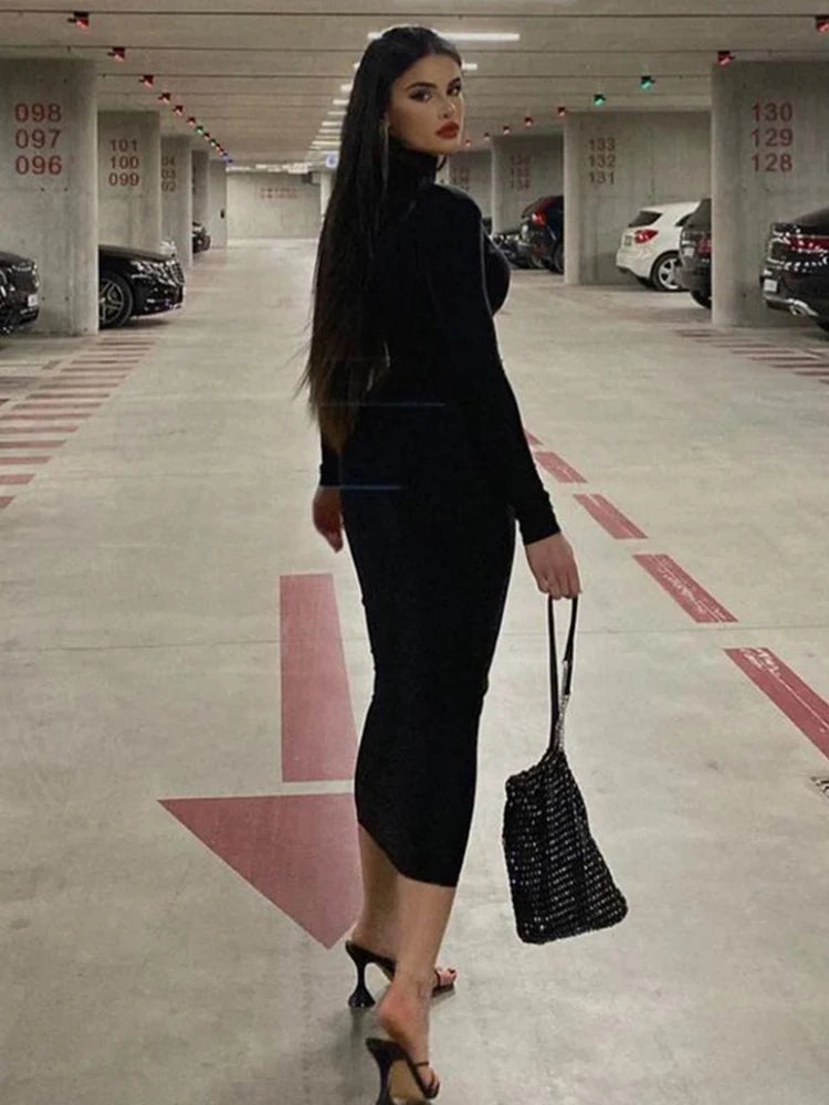 AHAgaga Winter Büro Dame Regelmäßige Sexy Bodycon Maxi Kleid Frauen Casual Langarm Schwarz Slim Kleider Frau Rollkragen Roben