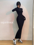 WOMENGAGA Einfache Maxi Langes Kleid Rundhals Langarm Enge Dünne Maxi Kleider Elegante Mode Koreanische Frauen Robe DEH8
