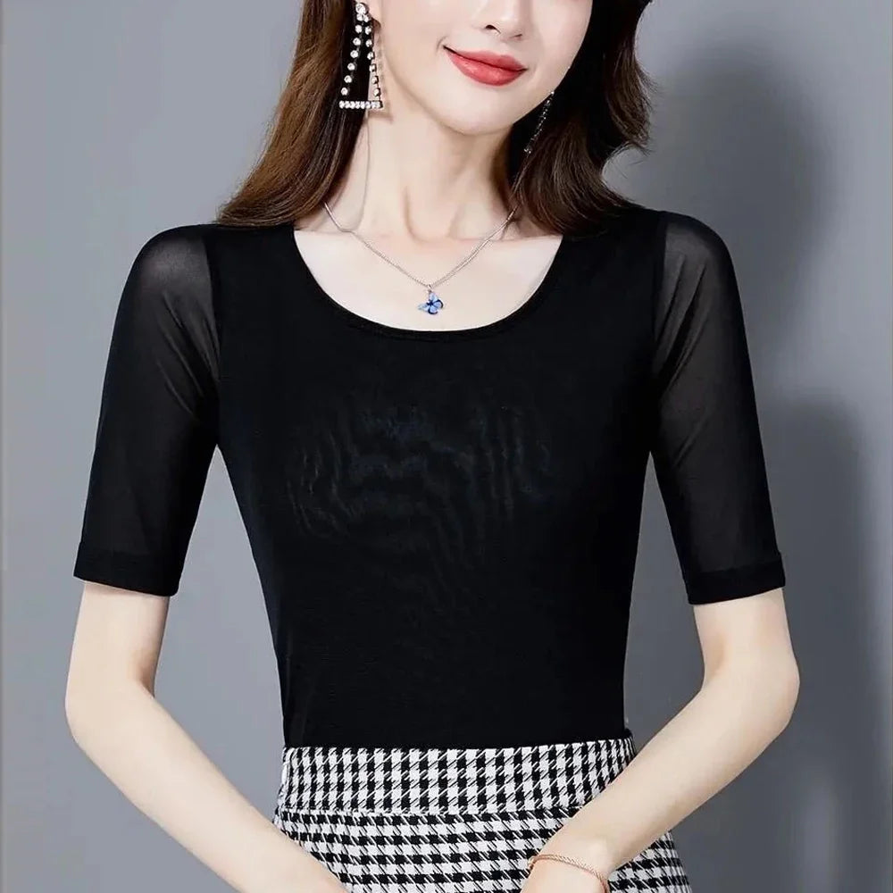 S-3XL Purple Blue Red Green Shirt Women Transparent Mesh Short Sleeve O-neck Thin T shirt Half Sleeve O Neck Female Blouses Tops